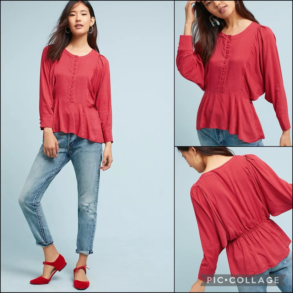 Anthro Maeve Red Polkadot Blouse Top